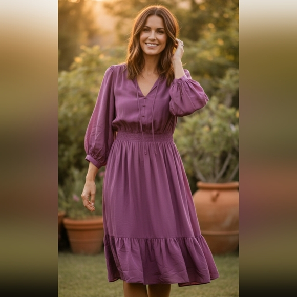 Tucker Dresses & Skirts - Tucker | Women Plum Purple Tiered Midi Dress XL 100% Silk Ruffle Holiday Event